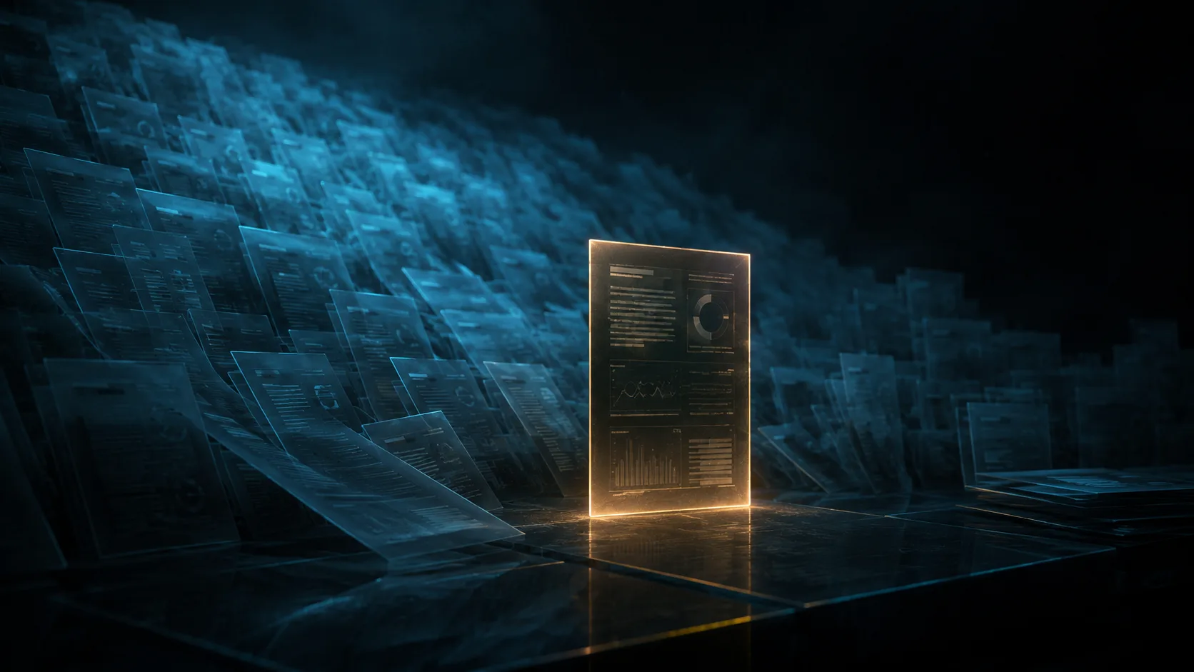 A tide of faint, translucent vulnerability reports washing toward the foreground, with a single sharper report standing upright in the center, lit by a warm amber glow.